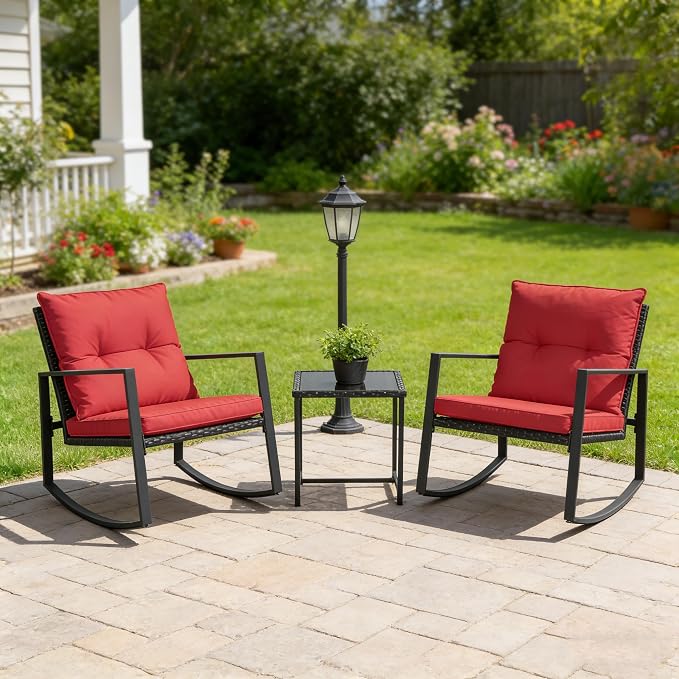SUNCROWN 3 Piece Outdoor Rocking Bistro Set Black Wicker Furniture Porch Chairs - Image 4