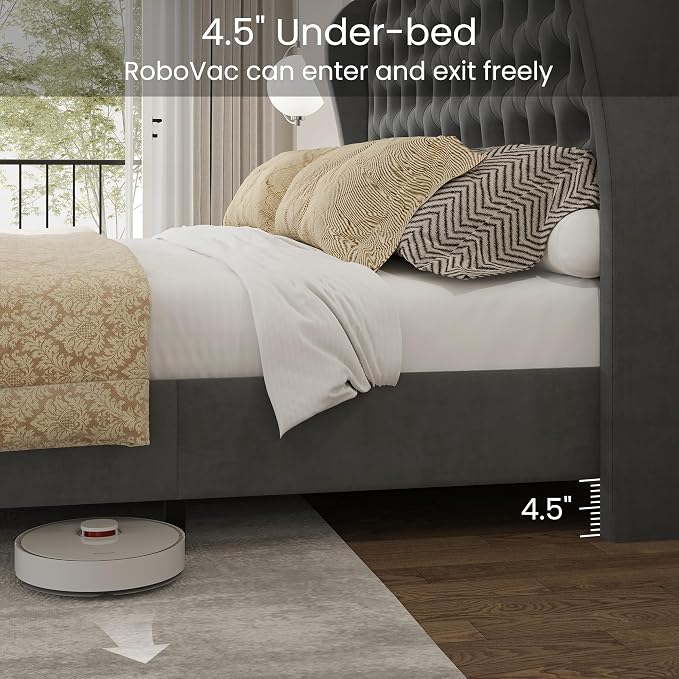 LARMACE King Size Bed Frame Velvet Upholstered Platform Bed - Image 6