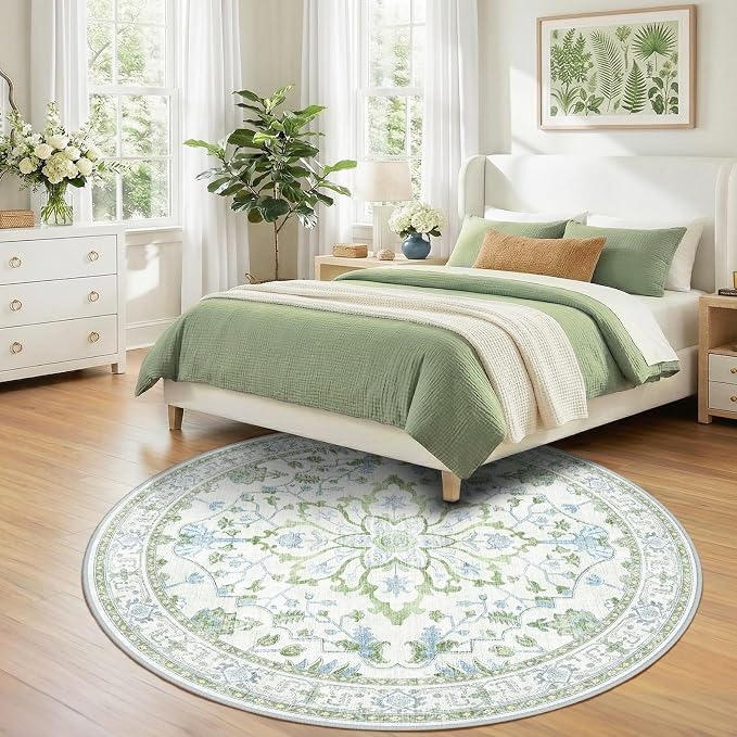RELEANY Area Rugs Round 7ft Washable Non-Slip, Floral Vintage Distress Print - Image 2