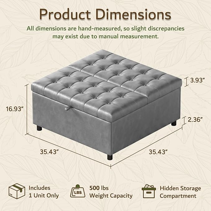 LINLUX Extra Large Leather Storage Ottoman, 35.5 Inch Large Square Lift Top - Image 2