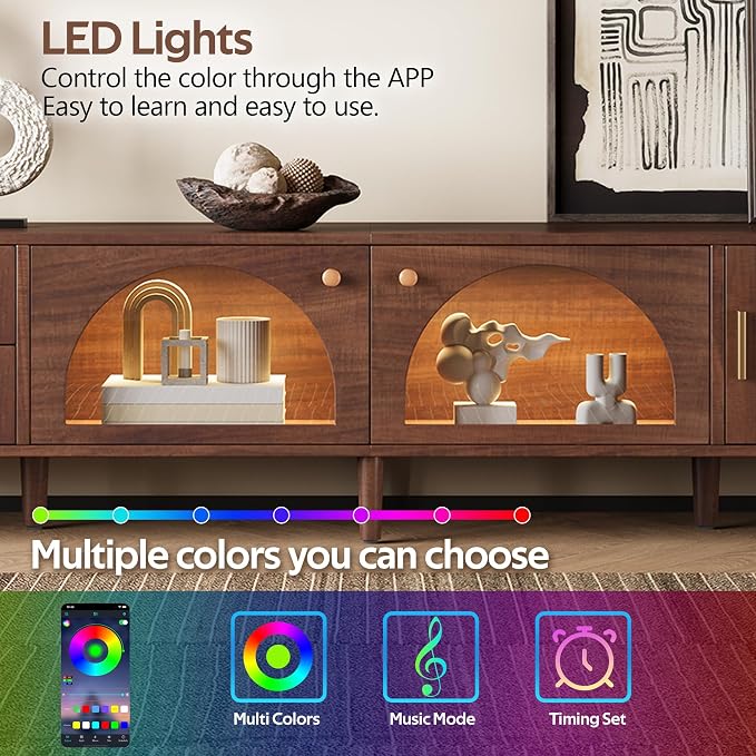 Merax Rattan TV Stand with LED Lights, Solid Wood Feet, Living Room, Bedroom - Image 5