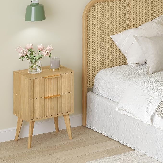 YAUKOMEL Fluted Nightstand, Small Bedside Table, Natural Wood Night Stand - Image 4