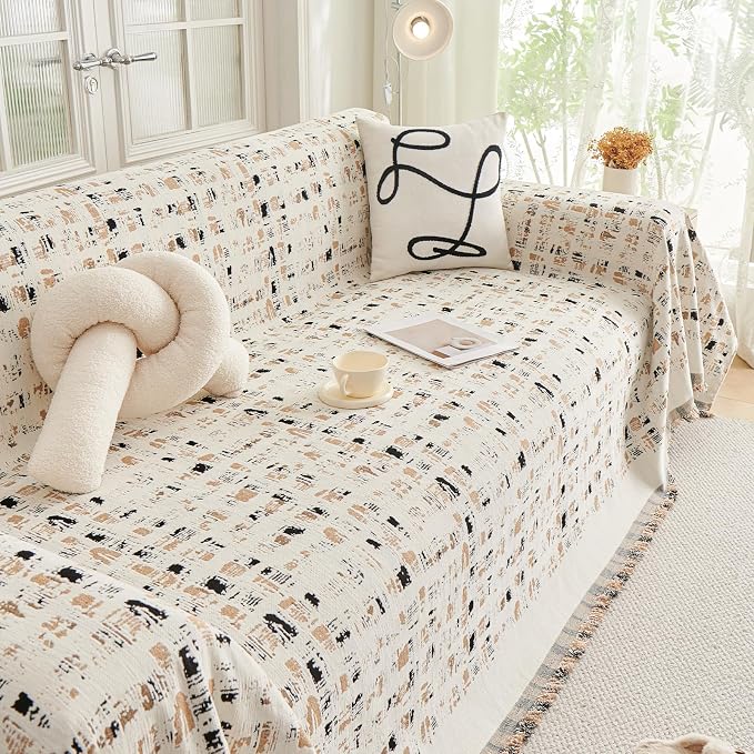 DREAMINGO Abstract Chenille Couch Cover Blanket Beige Khaki Black Boho Sofa - Image 7