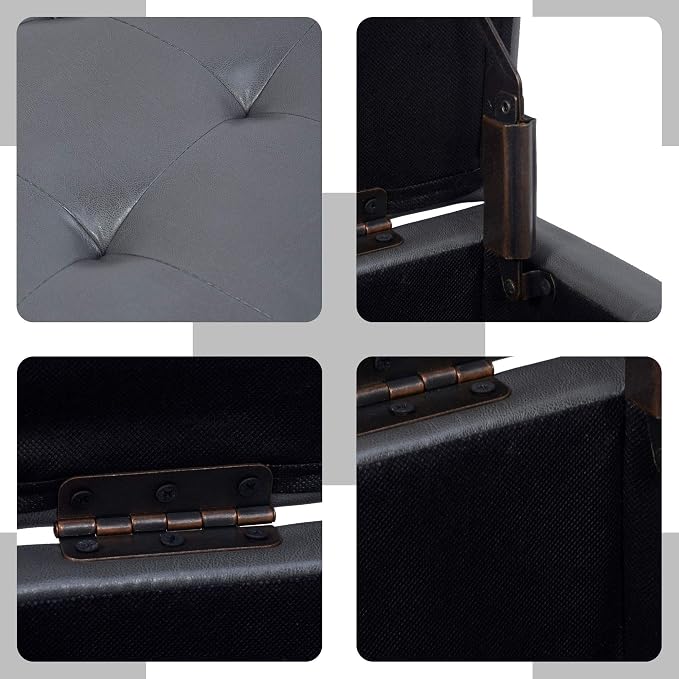 H&B Luxuries Tufted Leather Square Flip Top Storage Ottoman Cube Foot Rest - Image 4