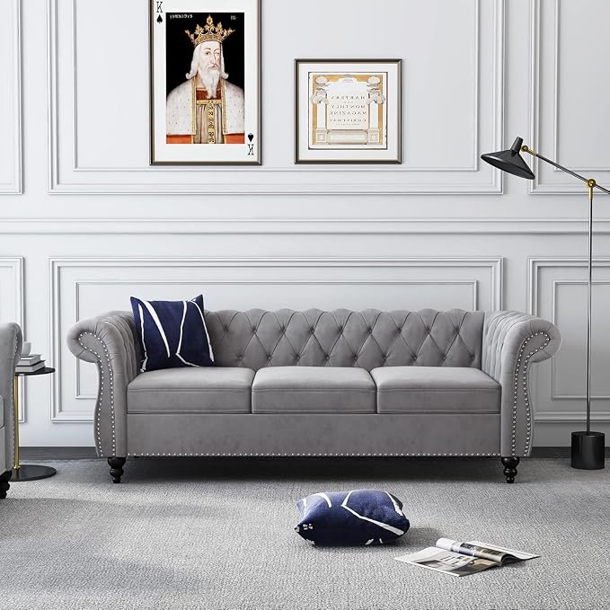 Chesterfield 3 Seater Sofa, Modern Velvet Tufted Couch 3 Seater by RUSTYER
