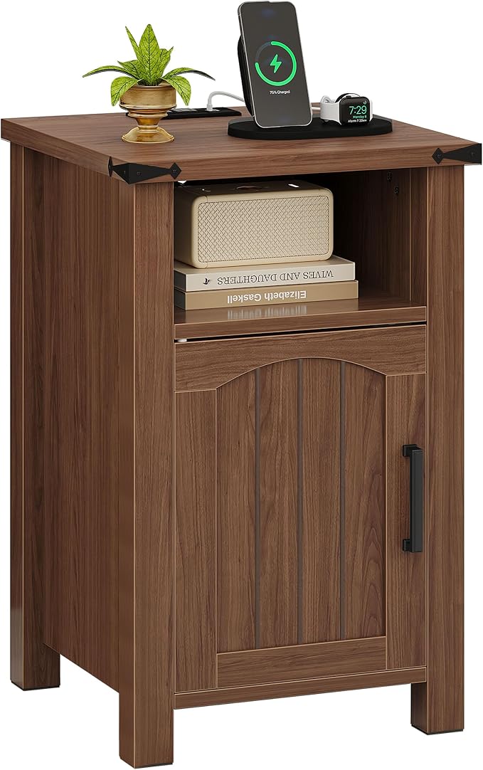 Farmhouse Nightstand with Charging Station, End Table with USB/Type-C Ports and by Decofy