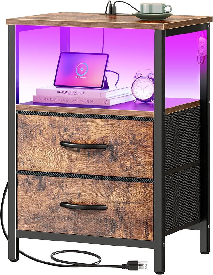 Huuger Night Stand with Charger Station and LED Lights, 2 Drawer Nightstand by Huuger