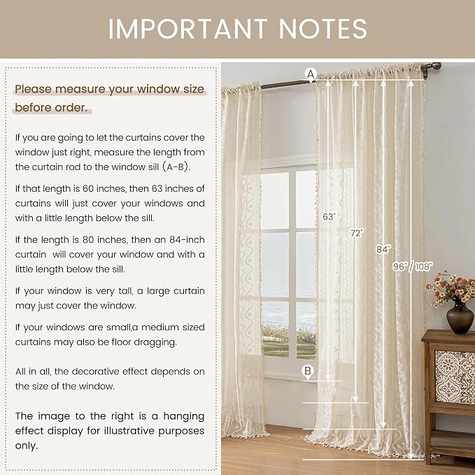 WAZZIO Boho Lace Curtains 2 Panels 63 Inches -Cute Vintage Victorian Sheer - Image 8