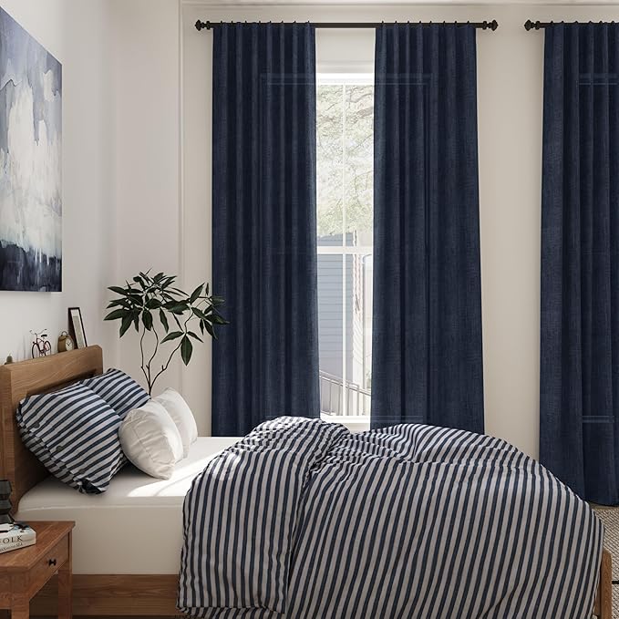 Navy Blue Linen Sheer Curtains 108 Inches Long Back Tab Rod Pocket 2 Panels - Image 7