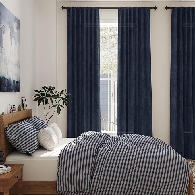 Nanspring Navy Blue Linen Curtains 63 Inches Length 2 Panels Set - Image 7