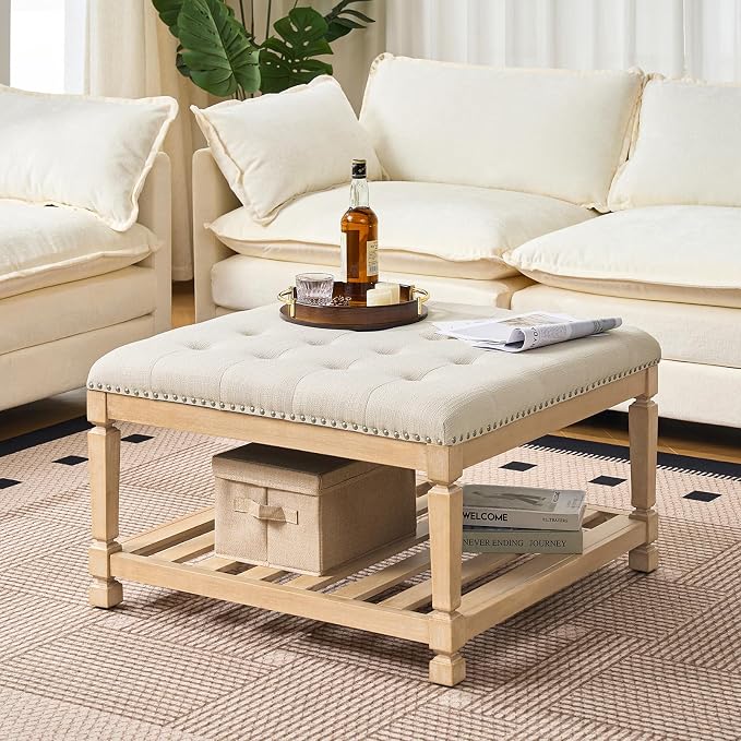 Befurtori Large Square Ottoman Coffee Table, Linen Solid Upholstered Footrest by Befurtori