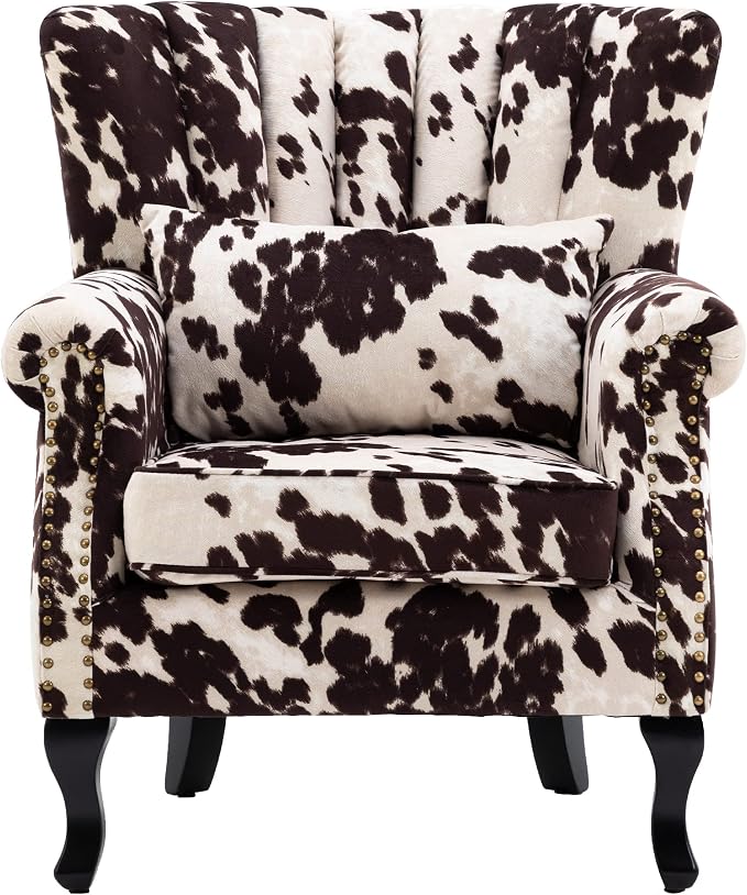 Cow Print Accent Chair Modern Velvet Armchair Tufted Wingback Club Chair Single by DMFurniture