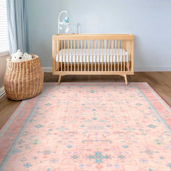 Hazo Haus Pink and Blue Washable 5x8 Living Room Rugs, Boho Aethestic Oushak - Image 6
