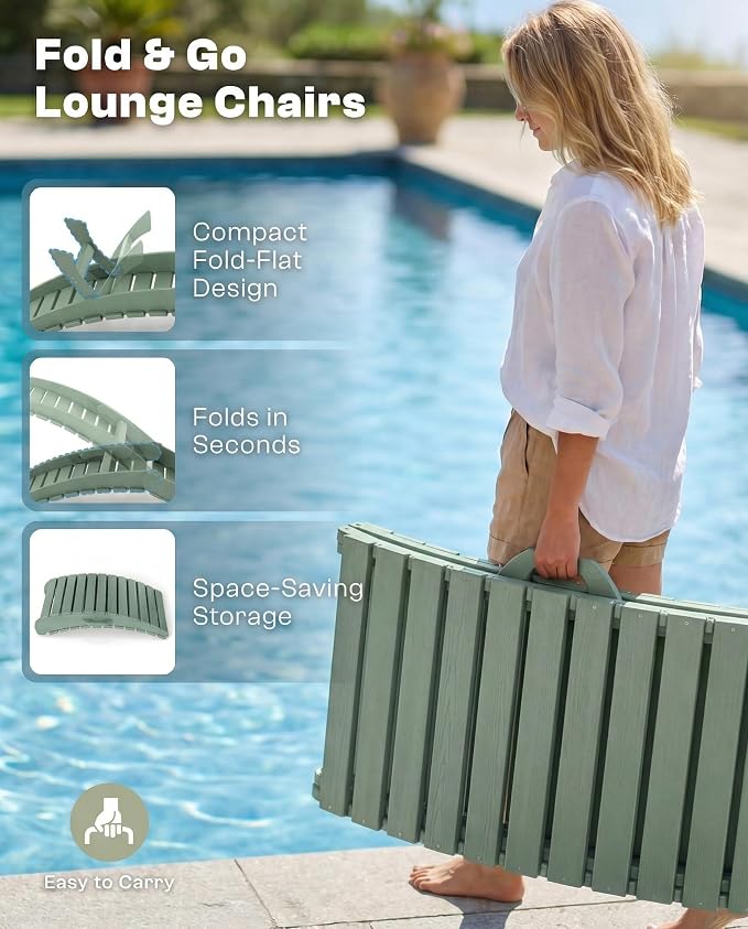 Folding HDPE Pool Lounge Chairs Set of 6, Pre-Assembled Outdoor Chaise Lounge - Image 3
