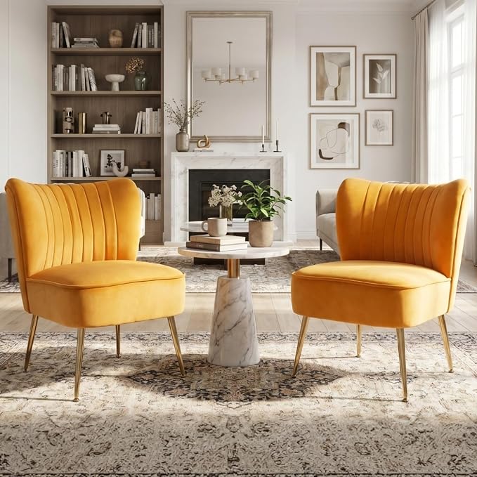 Velvet Accent Chair Set of 2 Comfy Living Room Chair Armless Slipper Mid - Image 7