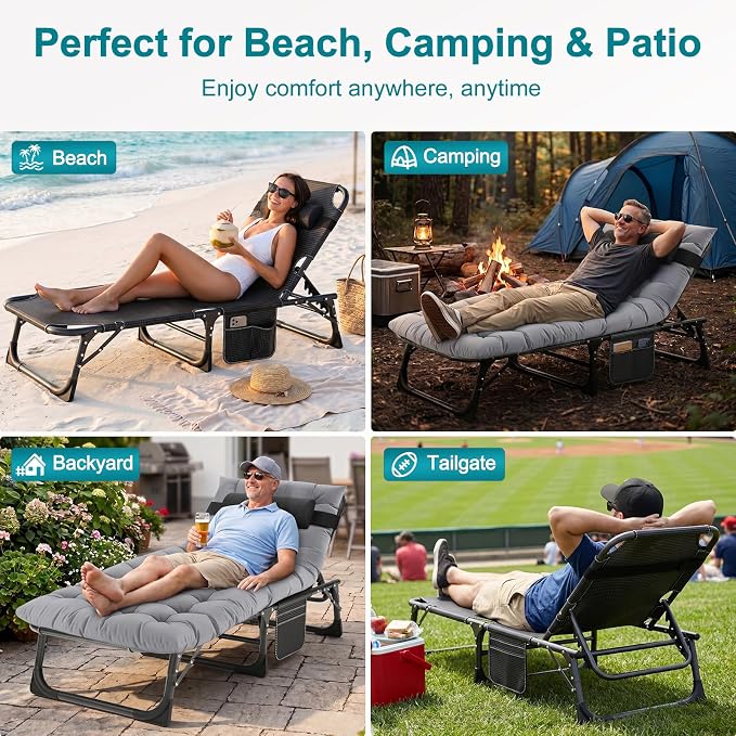 ABORON Chaise Lounge Chair, 5 Positions Padded Outdoor Tanning Chair, Heavy - Image 5