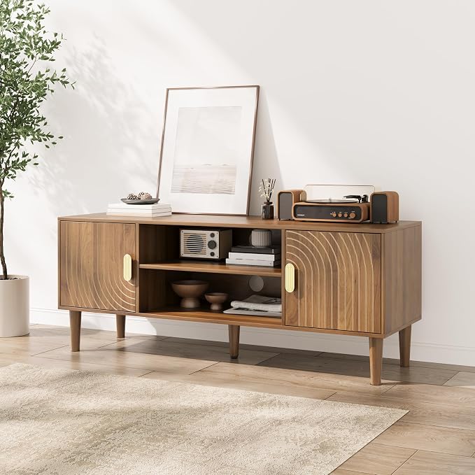 Smuxee Walnut TV Stand with Line Groove Design, 47.2" Mid Century Modern TV - Image 8