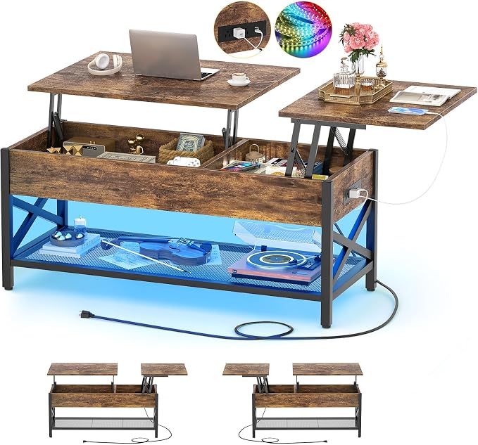 Aheaplus Coffee Table with LED Light and Power Outlet, Modern Lift-Top Center by Aheaplus