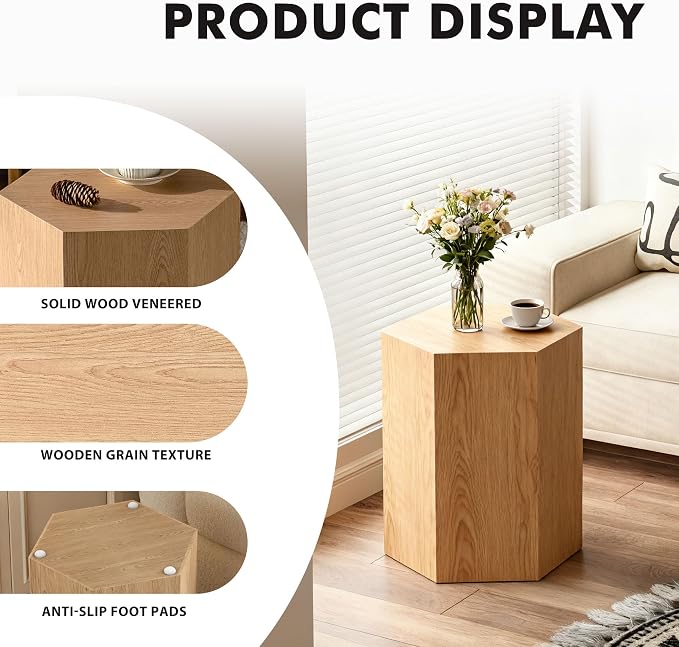 H 18.9in Hexagonal Natural Wood Side Table, Farmhouse Coffee Table - Image 6