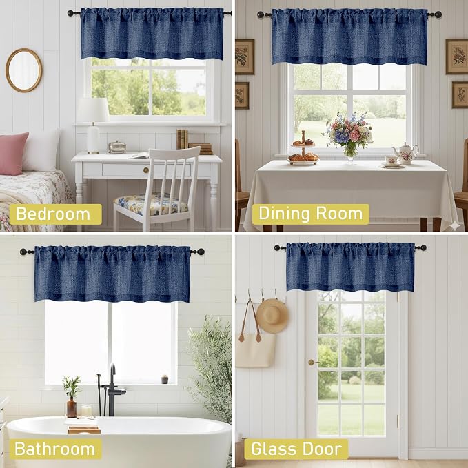 Navy Blue Valances for Windows, Light Filtering Faux Linen Textured Small Short - Image 7