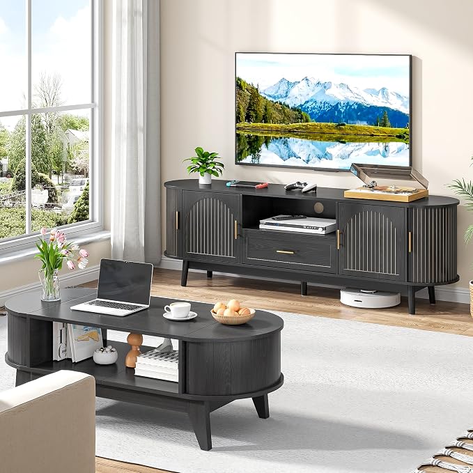 70" Fluted TV Stand for Tvs up to 80", Mid-Century Modern Entertainment Center - Image 8