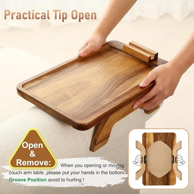 SINWANT Couch Arm Table, Acacia Wood Sofa Arm Rest Tables Couch Armrest Table - Image 5