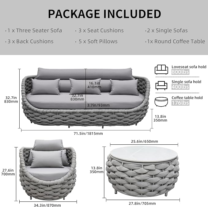TWT Aluminum Modern Patio Set Three Seater Sofa Outdoor Furniture Set w/Coffee - Image 2