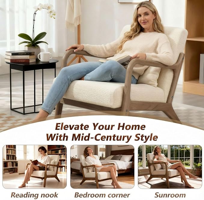 Modern Accent Chair with Wooden Frame & Linen Fabric, Mid Century Modern Chair - Image 5