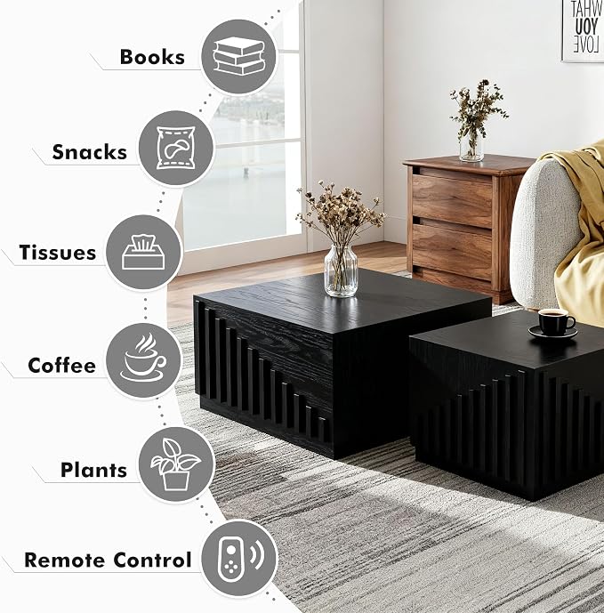 Black Nesting Tables for Living Room, Square Nesting Coffee Table Farmhouse - Image 4