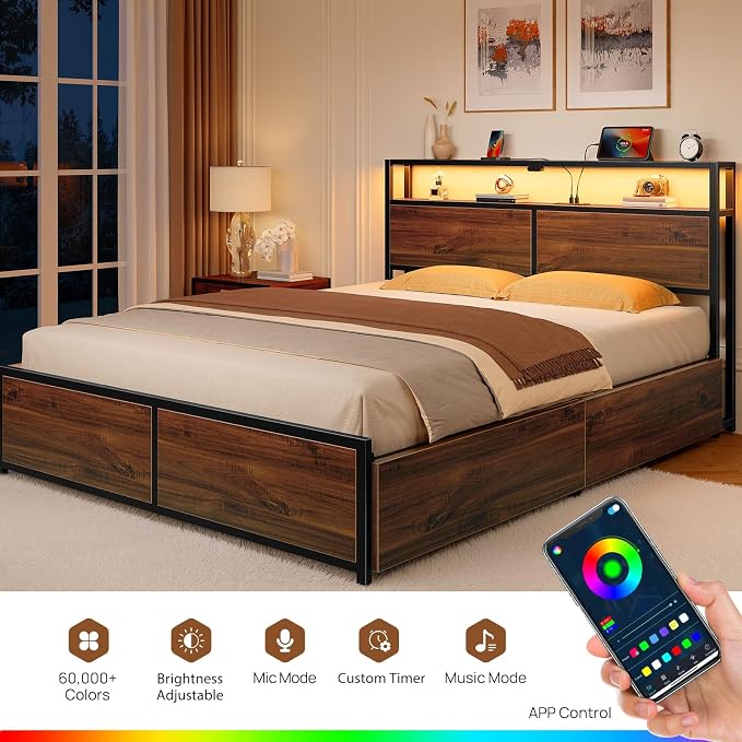 Rolanstar Queen Bed Frame with 4 Storage Drawers, Charging Station and LED - Image 6