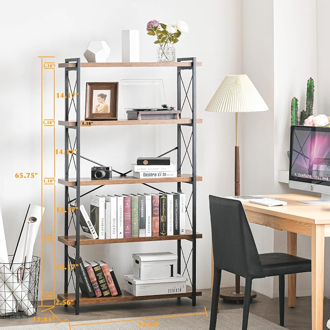 HCHQHS Bookshelf, 5-Tier Industrial Bookcase, Rustic Open Book Shelf, - Image 3