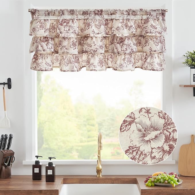 jinchan Ruffled Floral Valance Linen Shabby Chic Small Window Curtain 18 Inch - Image 2