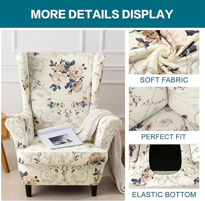 KRFOONN Velvet Wing Chair Slipcovers 2 Piece Stretch Printed Wingback Chair - Image 3