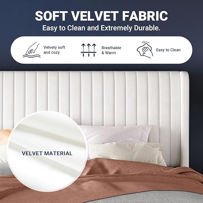 Allewie Queen Size Velvet Bed Frame/Vertical Channel Tufted Wingback - Image 6