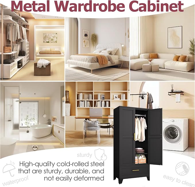 GAIOUS Steel Armoire Wardrobe Closet, 1 Adjustable Shelf and 1 Drawers - Image 4