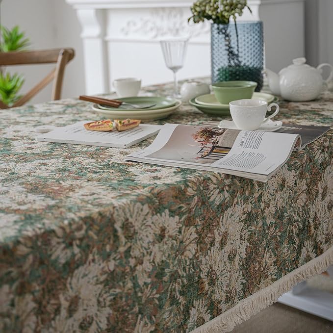 VClife Aesthetic Green and Beige Floral Table Cloth, Linen Texture Table Cloth - Image 7