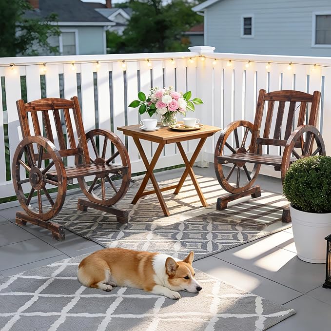 VINGLI Rustic Wooden Wheel Bench Outdoor Bench, Patio Bench Wagon Slatted Seat - Image 8