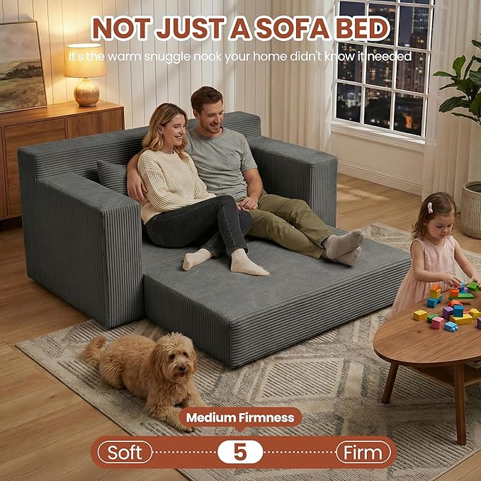 Convertible 5 in 1 Futon Sofa Bed Full Size, Corduroy Boneless Couch Sleeper - Image 6