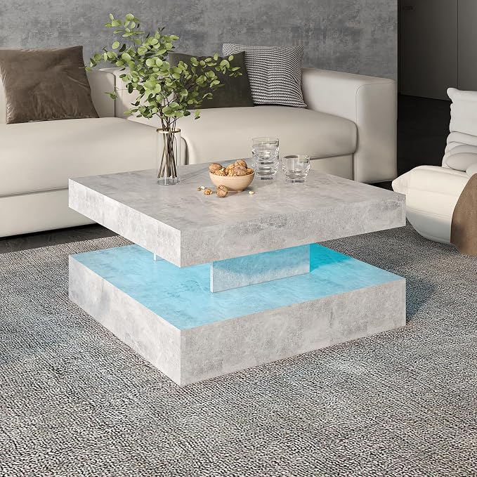 HedoAjim Grey LED Coffee Table for Living Room, Living Room Table 2-Tier Square - Image 8