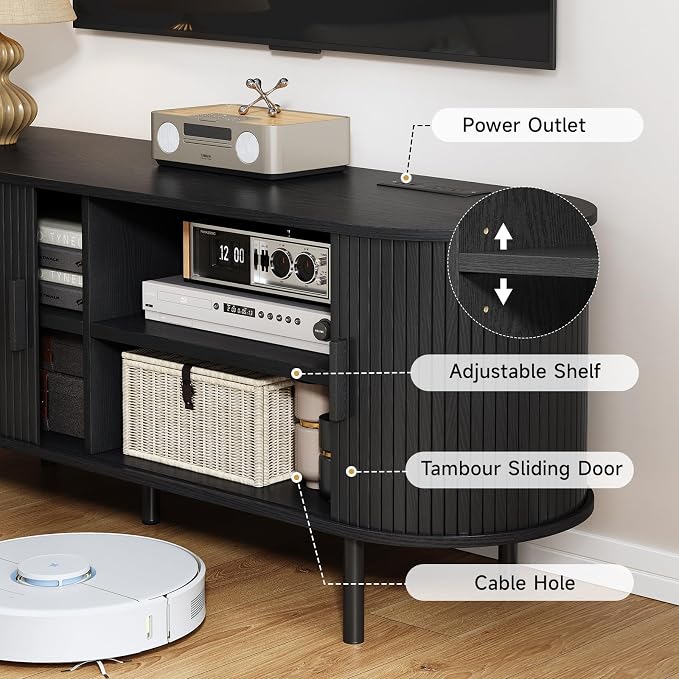 63" TV Stand with Power Outlet, Modern Media Console with Sliding Doors - Image 6