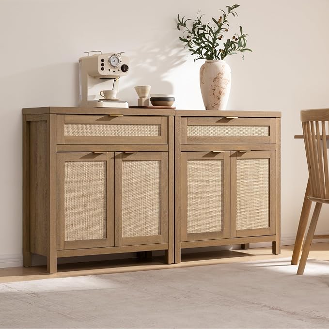 SICOTAS Sideboard Buffet Cabinet Set of 3, Rattan Credenza Storage Cabinet - Image 8