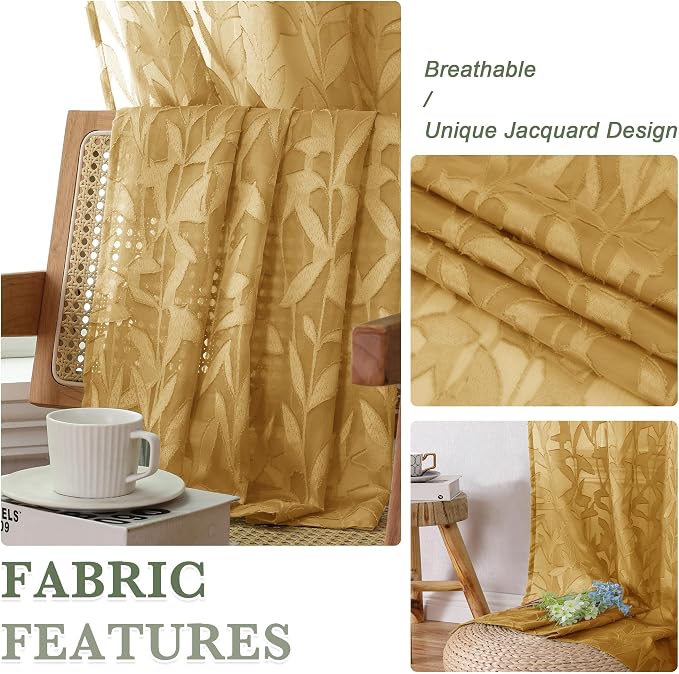Lecloud Leia Dark Gold Sheer Curtains 84 Inches Long 2 Panels, Jacquard - Image 7