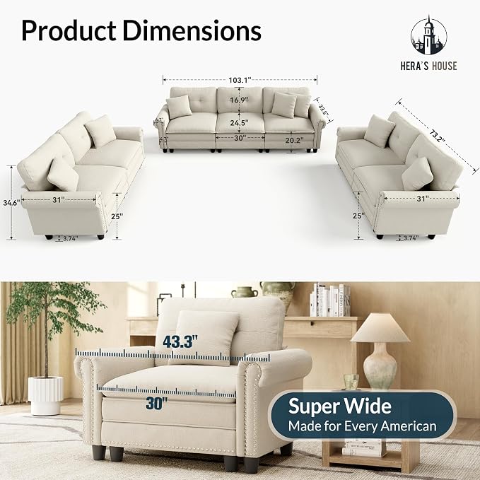 HERA'S HOUSE 3 Pieces Modular Sectional Sofa Sets, Oversized Couch Set - Image 9