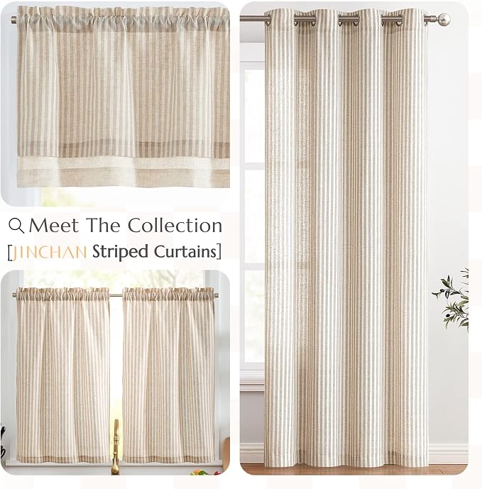 jinchan Linen Valance Curtain Striped Small Window Curtain Double Layer Light - Image 9