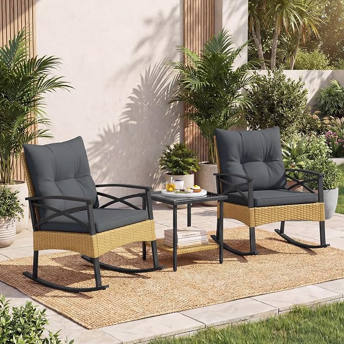 Tangkula 3 Pieces Outdoor Rocking Chairs Set, Rattan Heavy Duty Cushioned - Image 2