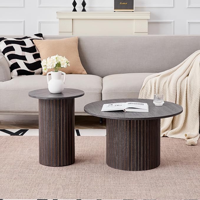 Round Nesting Coffee Table Set of 2 Mid Century Modern Wood Round Coffee Tables - Image 4