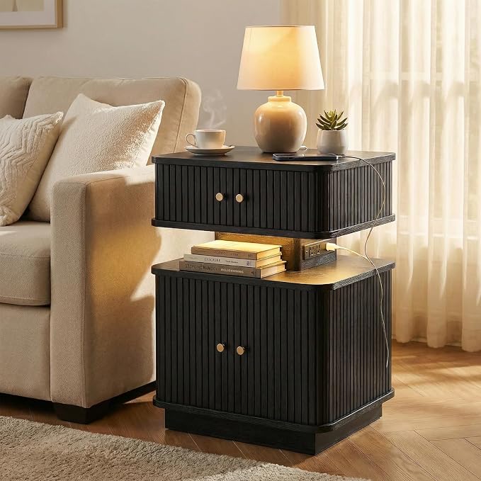 Black Nightstand with Charging Station and LED Light, Fluted Bedside Table with - Image 3