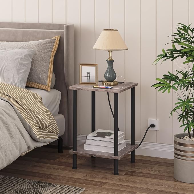 HOOBRO Side Table with Charging Station, Nightstand with 2-Layer Storage Shelves - Image 2
