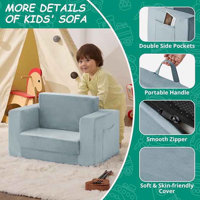 Kids Couch, 2-in-1 Toddler Chair Comfy 1-3 Years, Convertible Kids Chair - Image 4