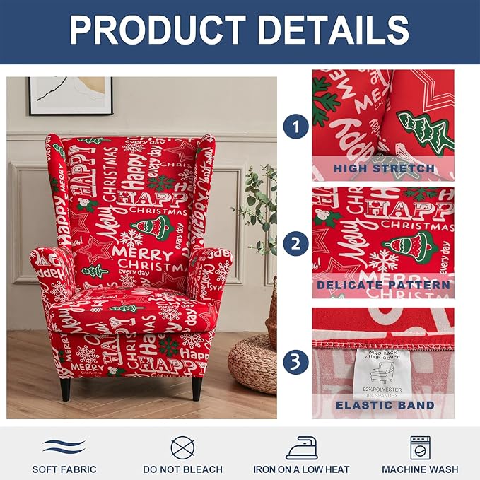 HAOYONG Christmas Stretch Wingback Chair Cover 2 Pieces Wing Chair Slipcover - Image 2